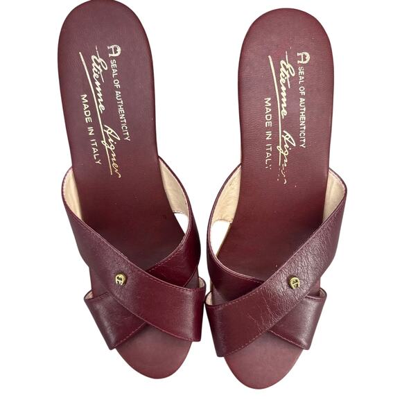 Etienne Aigner Vintage 70s Oxblood Leather Wooden Heel Mule Slide Women 6.5 - Picture 6 of 8